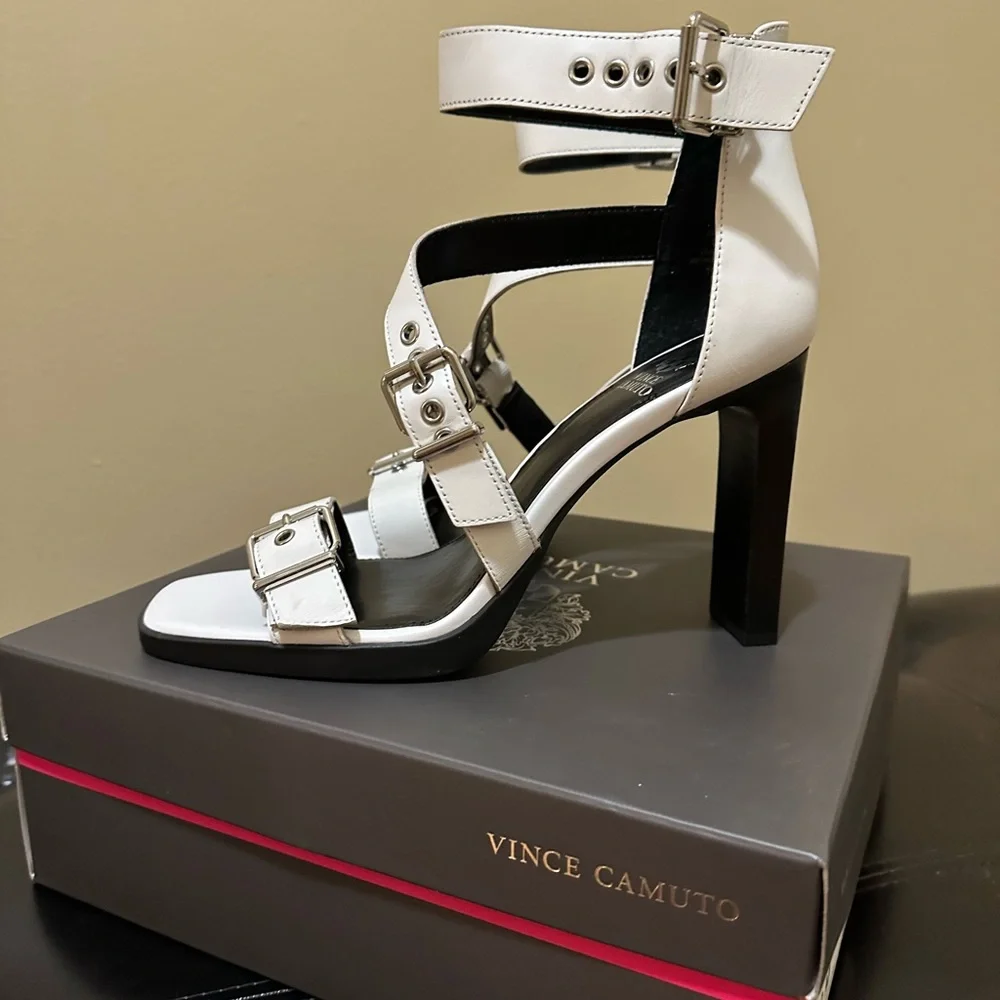 Vince Camuto Black and White Buckle Strap High Heel Sandals